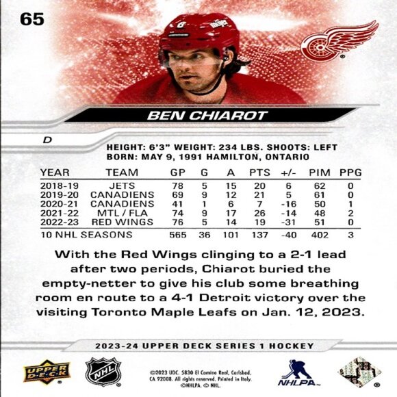 Ben Chiarot (Detroit) 2023/2024 Upper Deck Series 1 Hockey Card - Card Number 65 - Picture 2 of 2